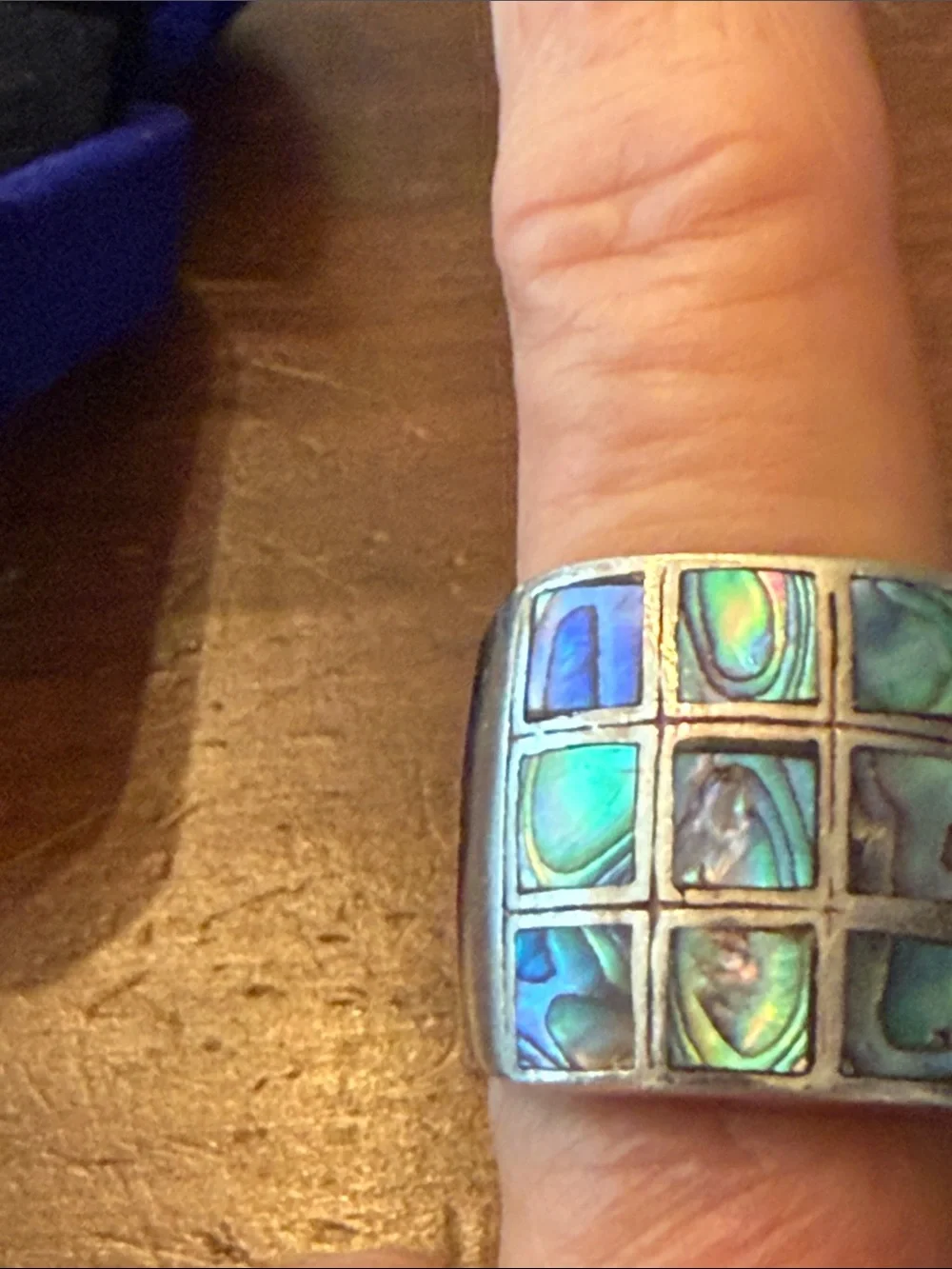 Wide Abalone Inlay Statement Ring in Iridescent Green-Blue AS-IS